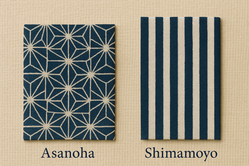 Traditional Japanese textile patterns: asanoha (hemp leaf) and shima (stripes), shown side by side.