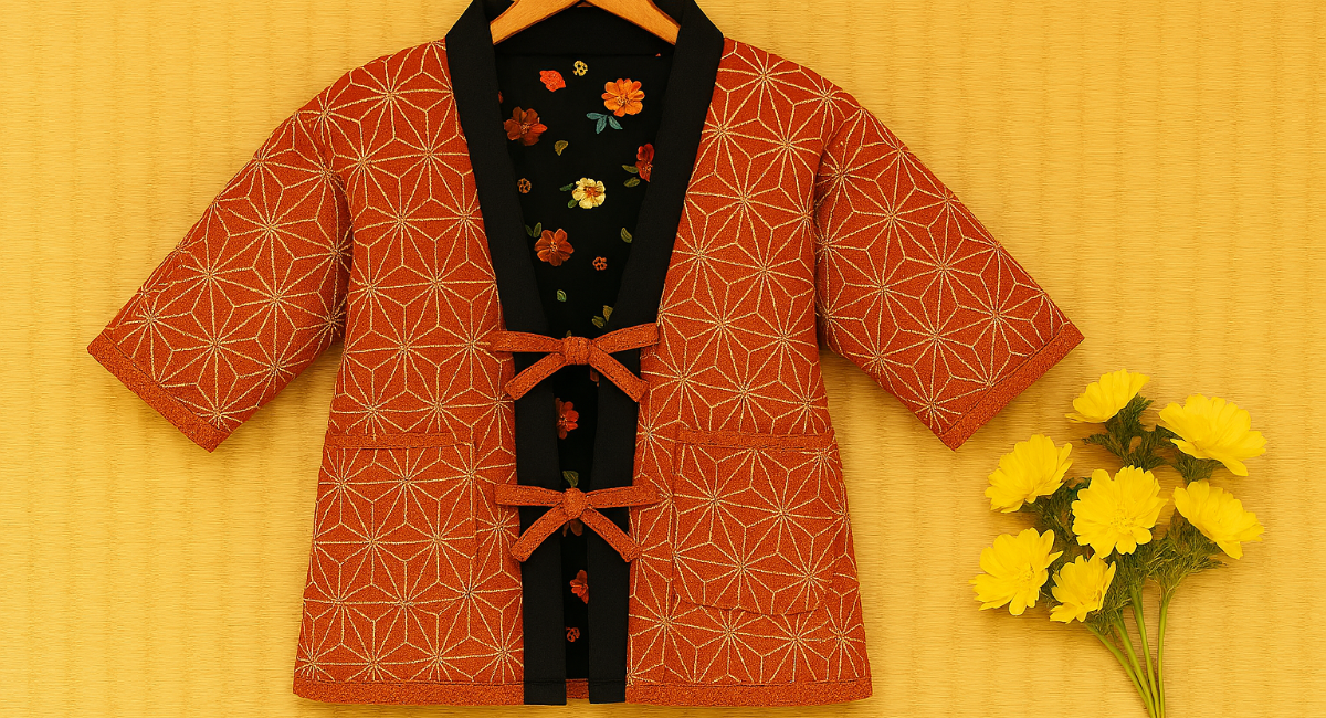Orange patterned Japanese hanten with