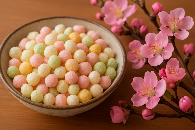 Hina arare rice crackers in four seasonal colors