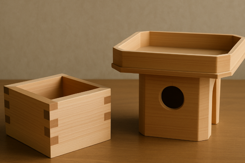 Wooden masu box and sanpo tray used in Setsubun rituals