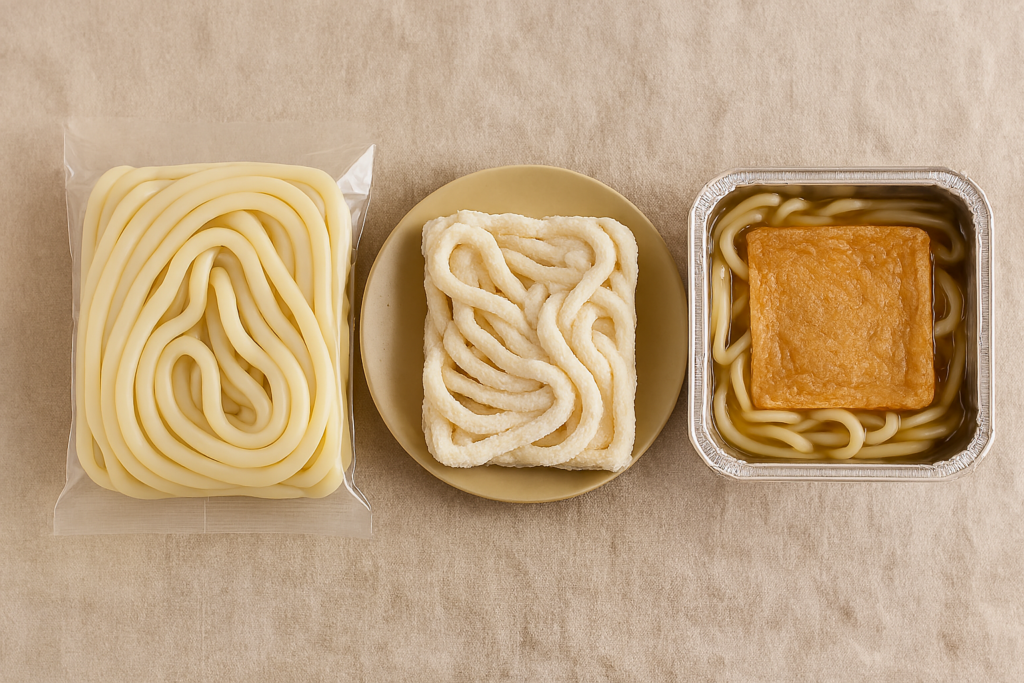 Three types of Japanese udon: chilled udon in vacuum‑sealed packaging, frozen udon on a plate, and instant udon in a square aluminum bowl with fried tofu