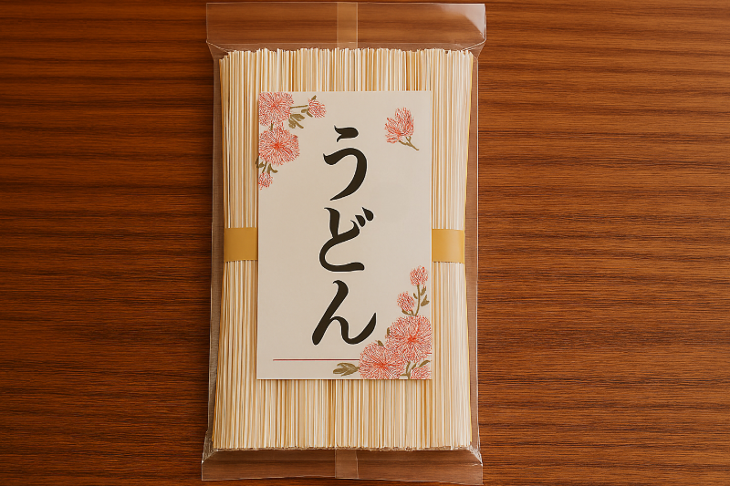 A package of dried Japanese udon noodles with a floral label, often sold as a souvenir