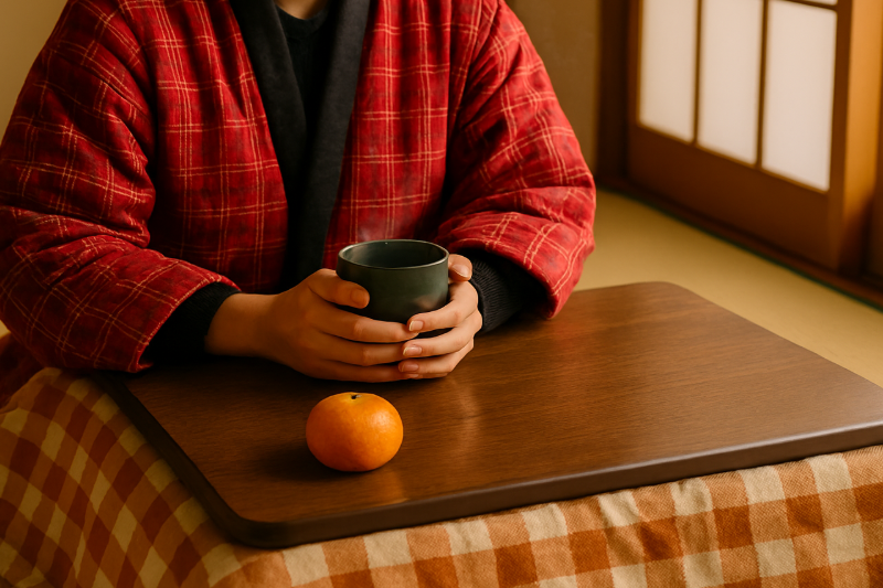A person wearing a red plaid hanten, holding a warm cup of tea at a kotatsu with a mandarin on the table.