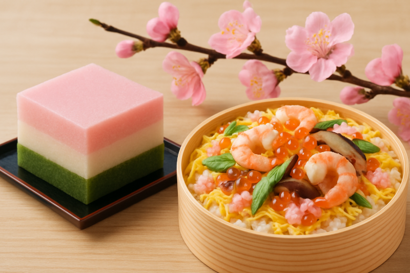 Chirashi sushi with colorful toppings for Girls’ Day
Three-colored hishimochi rice cake for Hinamatsuri
