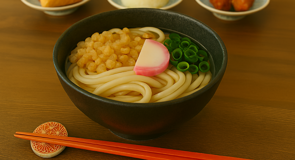 A bowl of Japanese udon noodles in clear broth, topped with green onions, tempura flakes, and kamaboko fish cake