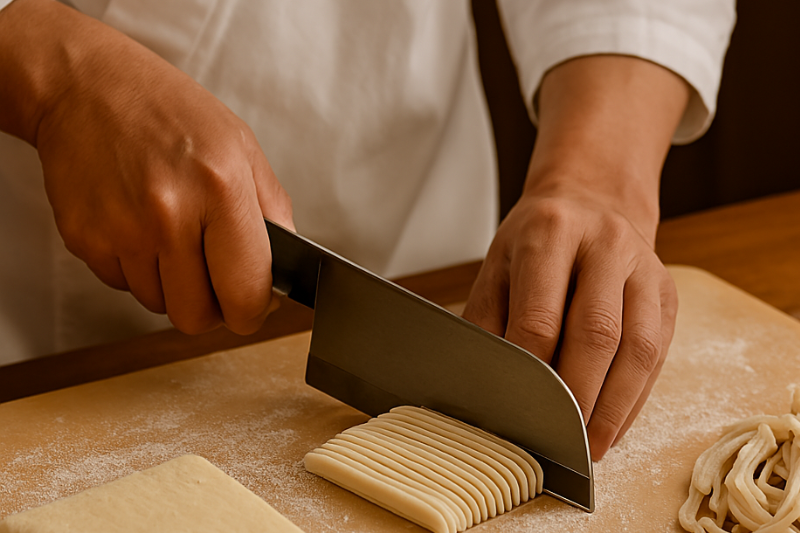 A Japanese chef cutting handmade udon noodles on a wooden board, showing the traditional noodle‑making process