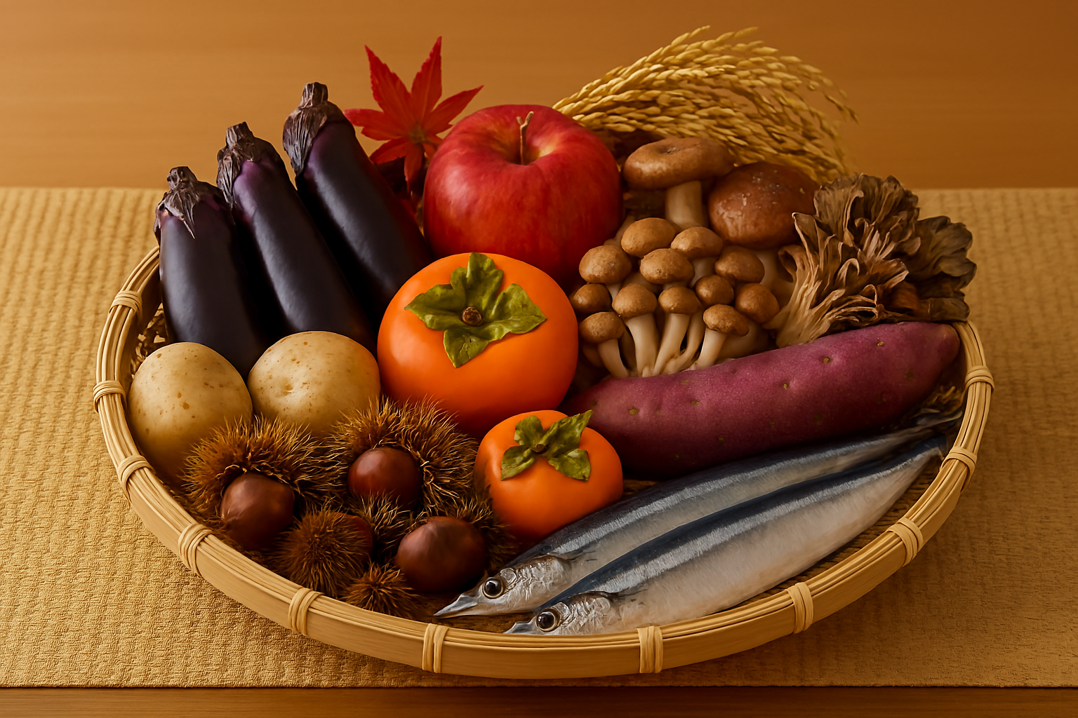 A woven basket filled with autumn ingredients such as eggplants, mushrooms, persimmons, chestnuts, sweet potatoes, and fish, arranged on a straw mat.