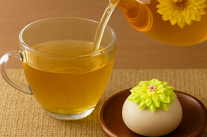Chrysanthemum tea being poured from a glass teapot with floating yellow flowers, next to a traditional Japanese wagashi topped with silk floss decoration, placed on a wooden table.