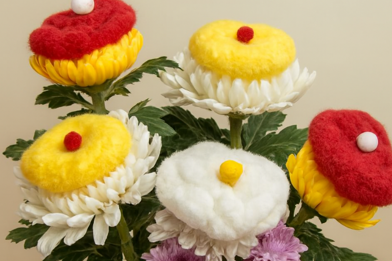 Chrysanthemum flowers decorated with colorful cotton, known as kisewata for the Chōyō Festival.”