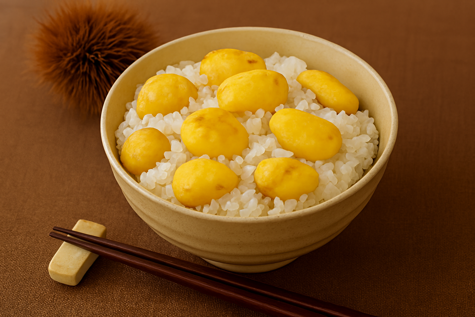 A bowl of steamed rice topped with yellow chestnuts, served with chopsticks and a whole chestnut in the background