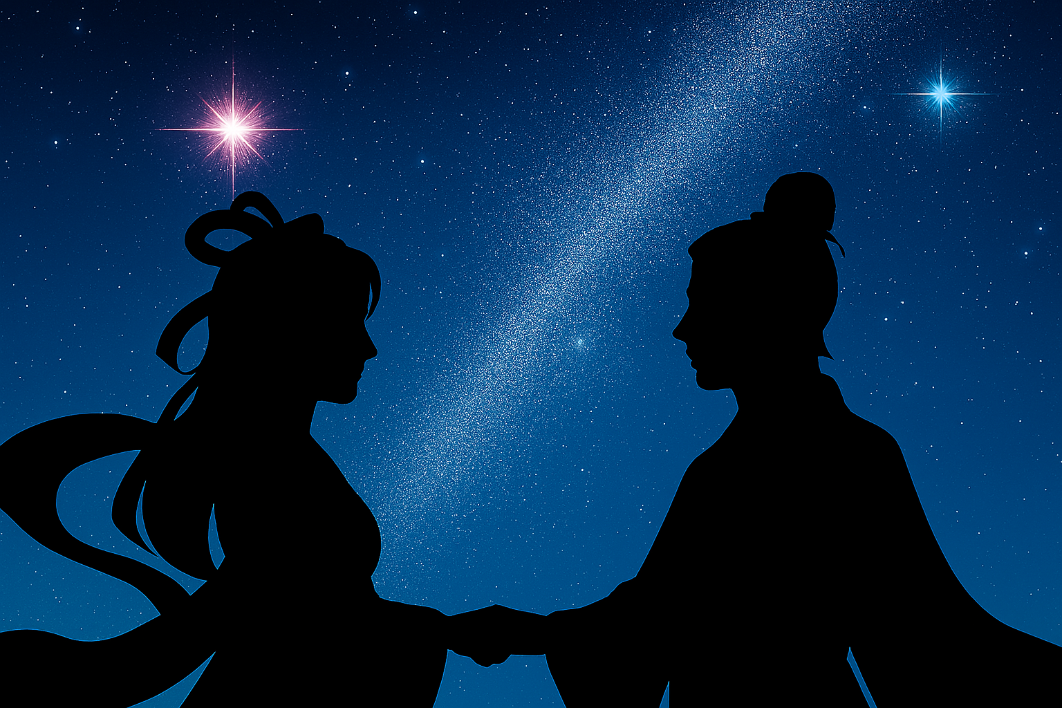 Silhouettes of Orihime and Hikoboshi facing each other under a starry Milky Way sky.