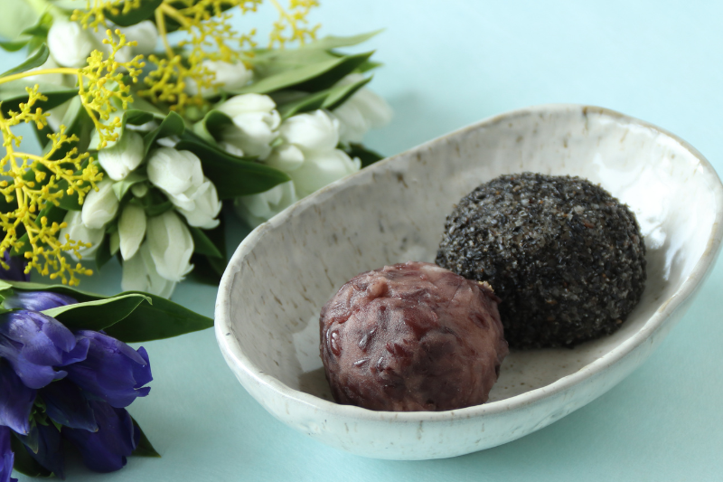 Two traditional Japanese sweets—botamochi and ohagi—served on a ceramic dish with seasonal flowers in the background.
