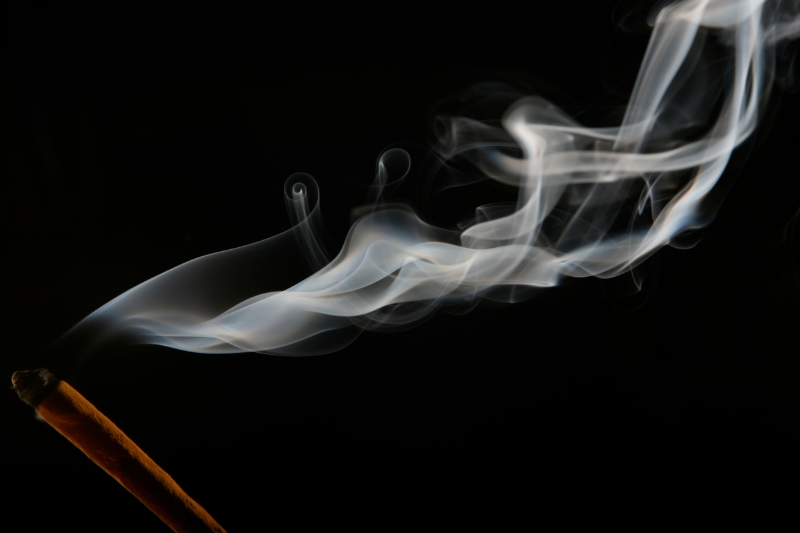 Swirling incense smoke rising in the dark, evoking a peaceful moment of reflection during Ohigan.