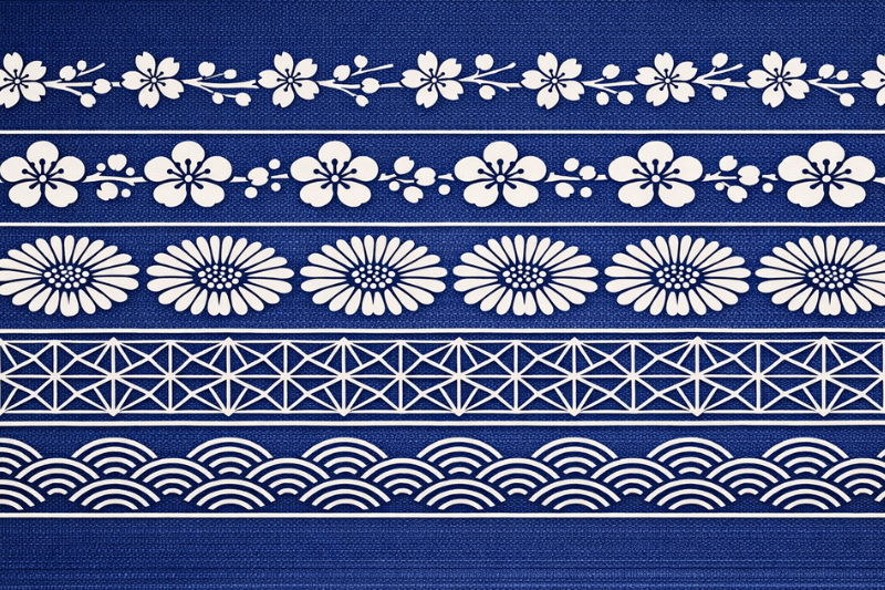 A stylized kimono-inspired pattern combining five traditional Japanese motifs.