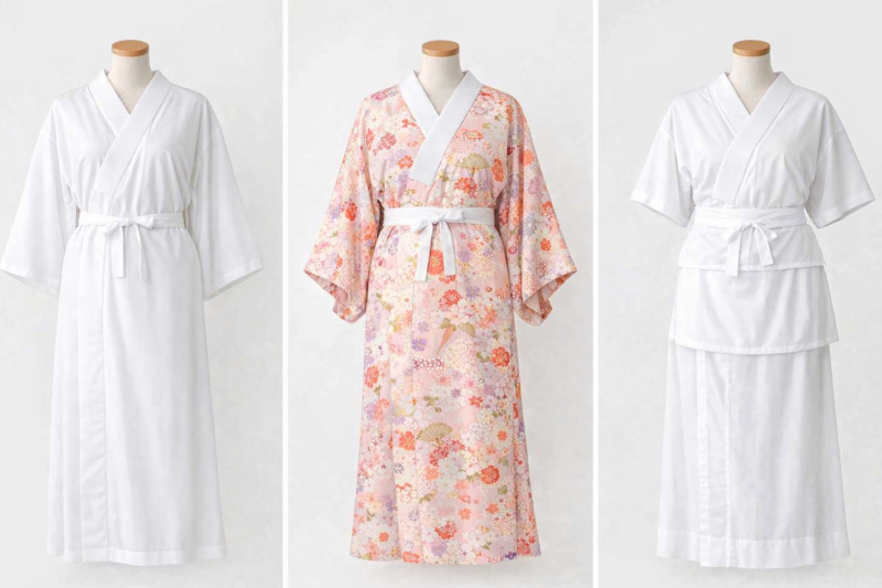 Mannequins showing three types of kimono undergarments—plain nagajuban, patterned nagajuban, and hanjuban—used beneath traditional kimono.
