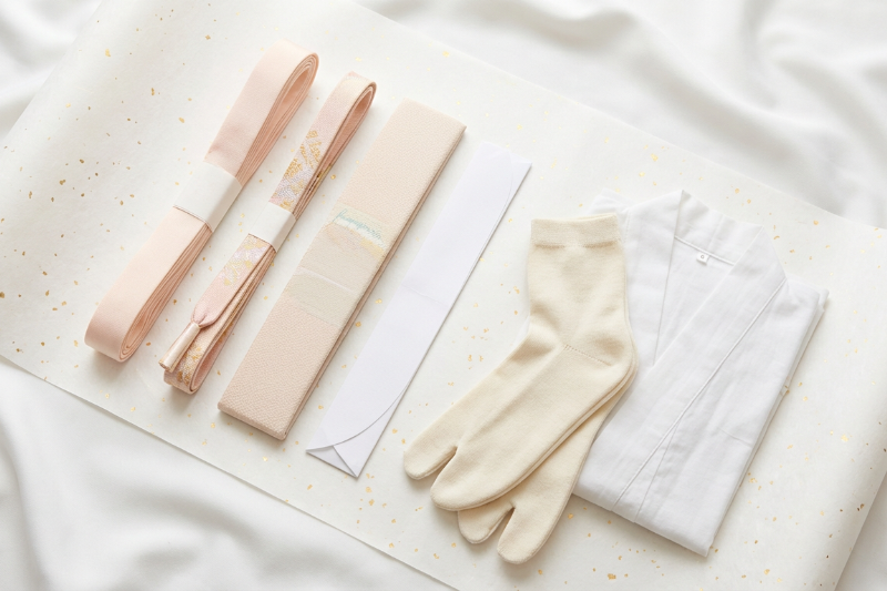 Set of essential kimono accessories including obi, ties, and undergarments