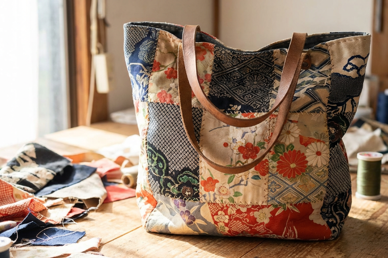 Patchwork tote bag made from repurposed kimono fabrics, featuring traditional Japanese patterns and leather handles.