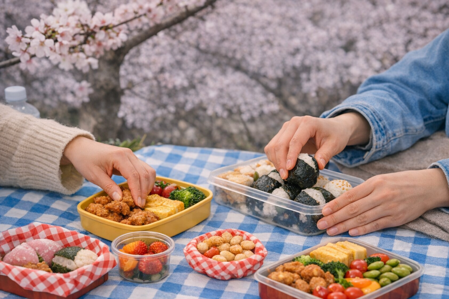 Family picnic under cherry blossoms during hanami in Japan