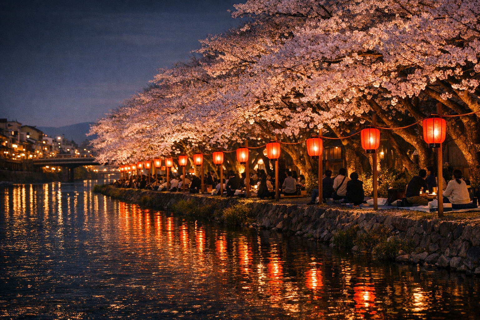 Illuminated cherry blossoms and lanterns along a riverside during night hanami in Japan