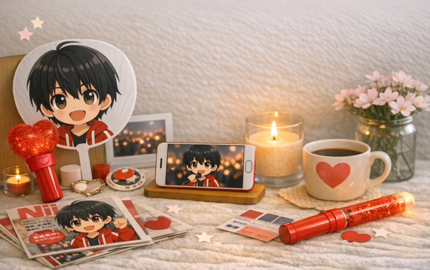 Oshikatsu items—photos, fan, penlight, and small decorations arranged on a table