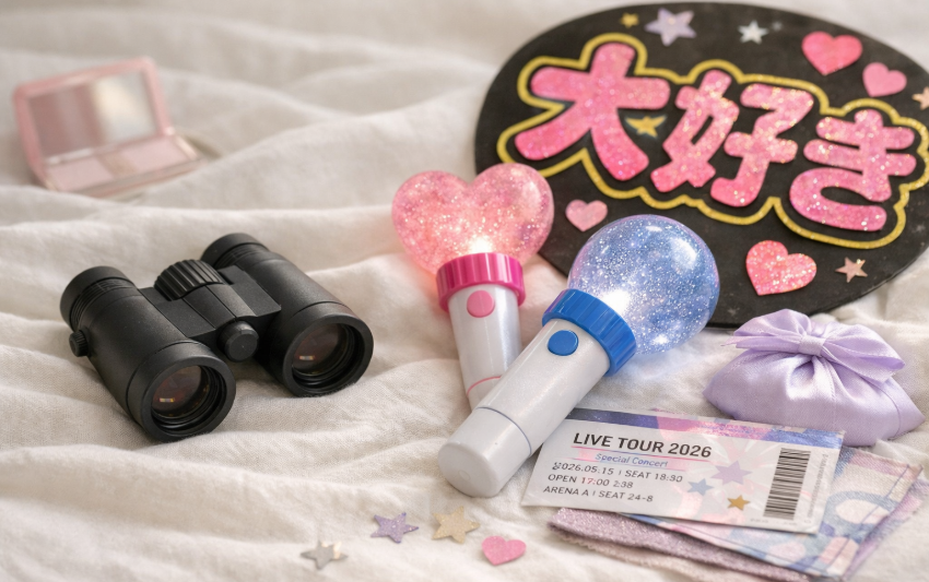 Concert essentials — penlights, binoculars, fan sign, and tickets arranged before the show