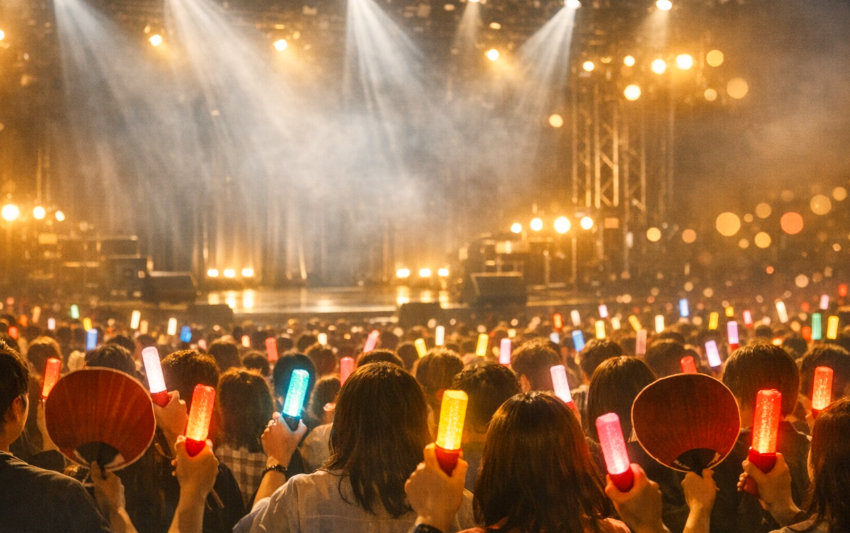 A concert venue filled with colorful penlights held by the audience facing the stage